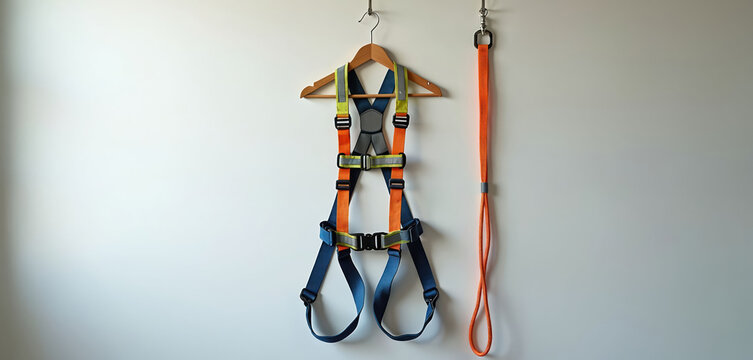 Full body safety harness with orange lanyard hangs on wall. Industrial fall protection gear includes straps buckles and reflective elements for construction work. Secure personal equipment.