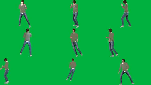A man is dancing on green screen و in jeans animated chromakey background expression scene depth frame movement emotion composition illustration figure elements colorful design cartoonish