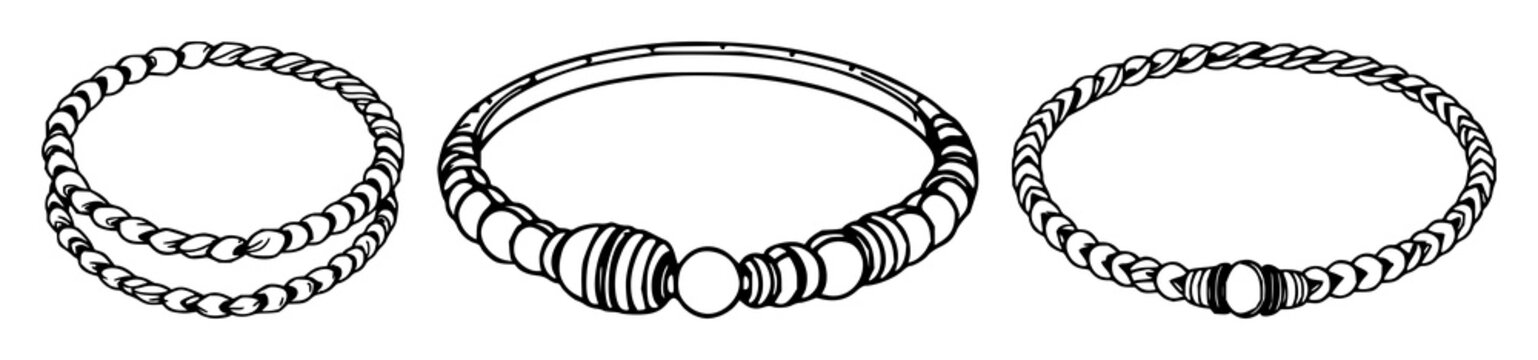Bracelet set with black line art and white background featuring vintage bracelet, line art, minimalist style with delicate patterns and classic locket