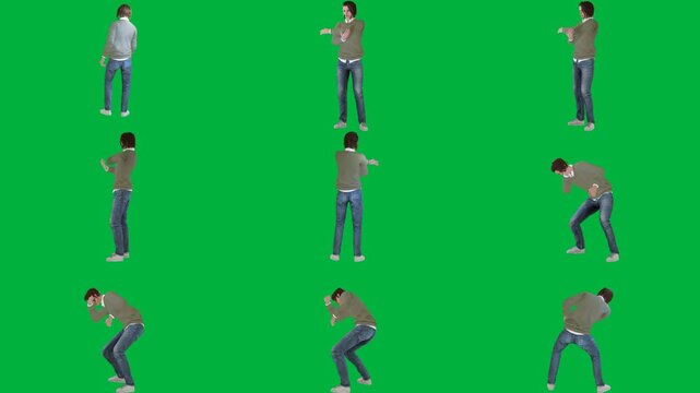 A man in jeans is dancing on green screen و walking and t - shirt animated chromakey background figure expression motion depth gesture emotion illustration scene backgrounds colorful