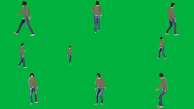 A man in jeans and t - shirt is walking on green screen و people group of across animated chromakey background expression illustration cartoonish style gesture figure backgrounds elements