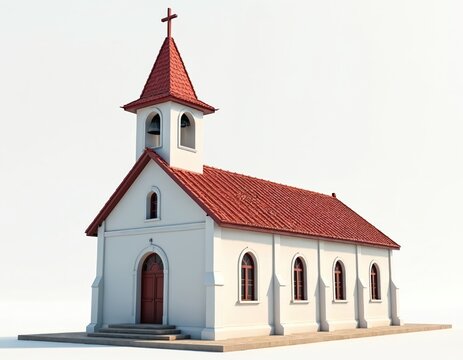 Small white church building with red roof and steeple, featuring arched windows and double doors. Isolated on a clean white backdrop, perfect for religious or architectural themes.