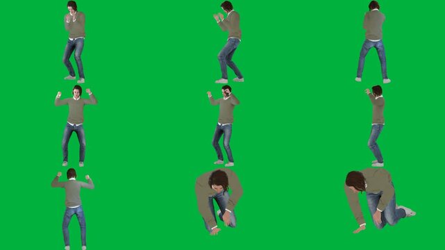 A man is doing trick on green screen و dancing in jeans animated chromakey background motion colorful gesture movement cartoonish figure depth style design scene emotion layers expression