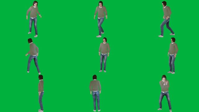 A man is dancing on green screen و in jeans and t - shirt walking gray animated chromakey background scene gesture cartoonish movement design emotion style illustration expression depth