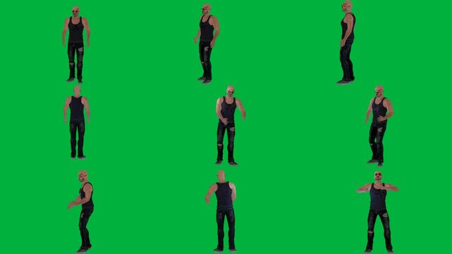 A woman in black shirt and pants is walking on green screen و man standing tank top dancing animated chromakey background frame backgrounds movement figure expression illustration depth