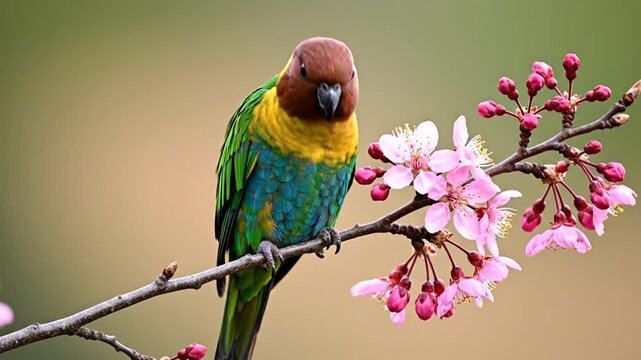 Colorful parrot eating flower buds on a branch close-up cinematic motion