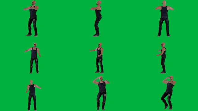 A man in black tank top is dancing on green screen و shirt and jeans woman pants animated chromakey background elements layers cartoonish backgrounds style frame design colorful gesture