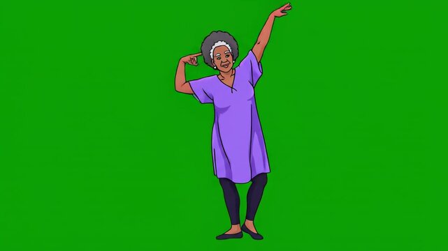 Animated african american senior woman dancing happily on green screen chroma key background cartoon style full body shot isolated