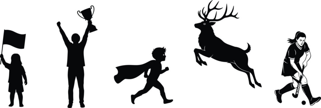 Silhouette collection of a child with flag, winner with trophy, superhero kid, jumping deer, and female field hockey player athlete.