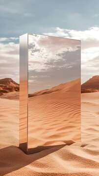 A mirror stands in the desert, showing the sands and clouds around it. This moment captures the idea of self-reflection against a backdrop of warm colors and shadows