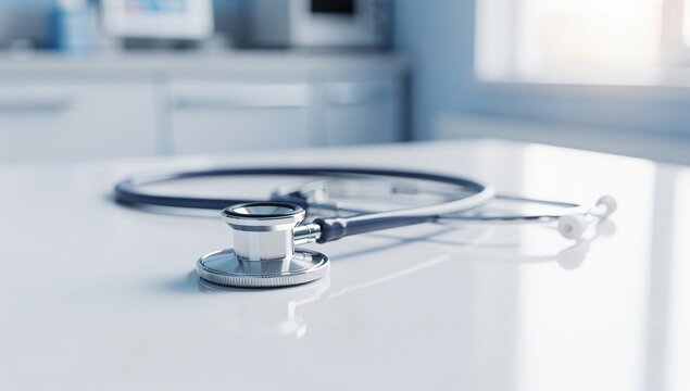 Close up of professional stethoscope on white table in modern clinic showcasing medical examination and healthcare services