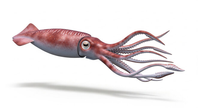 Red squid with tentacles swimming underwater