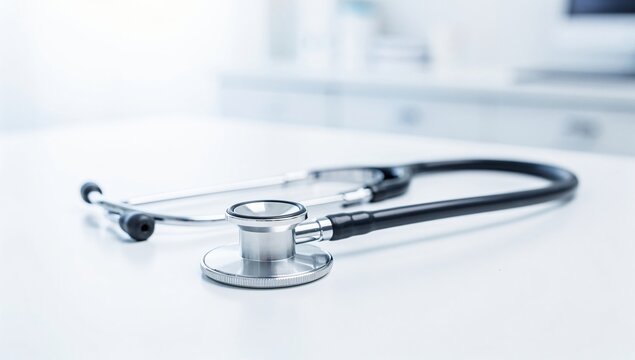 Professional stethoscope lying on white desk in hospital setting representing medical examination and healthcare diagnostics