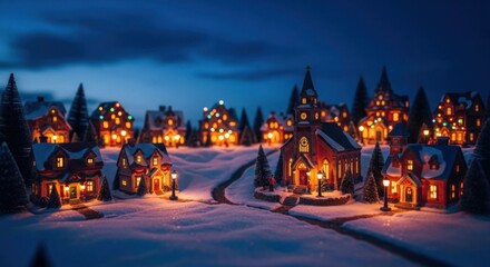 Fototapeta premium Enchanting Winter Village Scene Illuminated Homes in a Snowy Landscape.