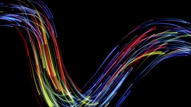 Colorful light trails moving in a smooth wave motion through black space to visualize high speed data transfer and fiber optic communication technology.