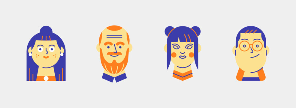 Flat avatar set with diverse characters colorful face icons
