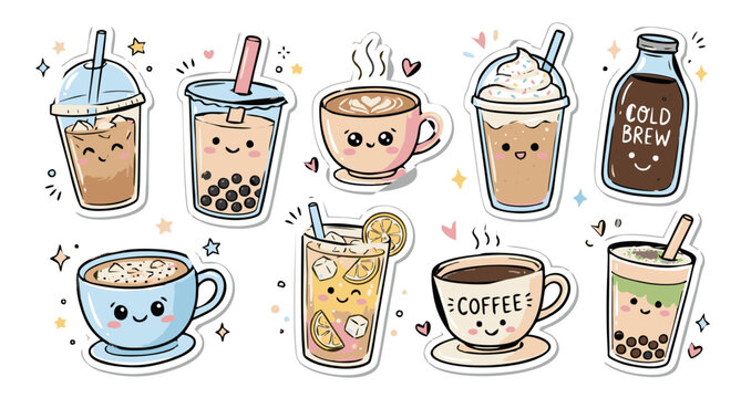 Cute Coffee and Boba Tea Drink Sticker Set, Kawaii Hand Drawn Beverage Doodles