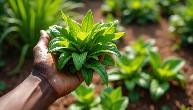 Man holds fresh callaloo leaves from garden. Healthy green plant growing in soil. Close up of person caring for organic food in backyard farm.