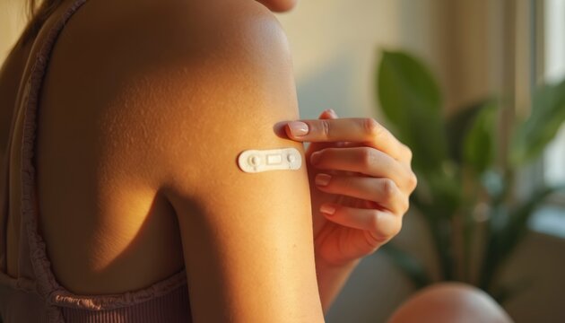 Woman applies patch to arm, close up of skin with adhesive medical treatment. Sunlight warms her shoulder during daily health care routine, possibly hormone or nicotine therapy.