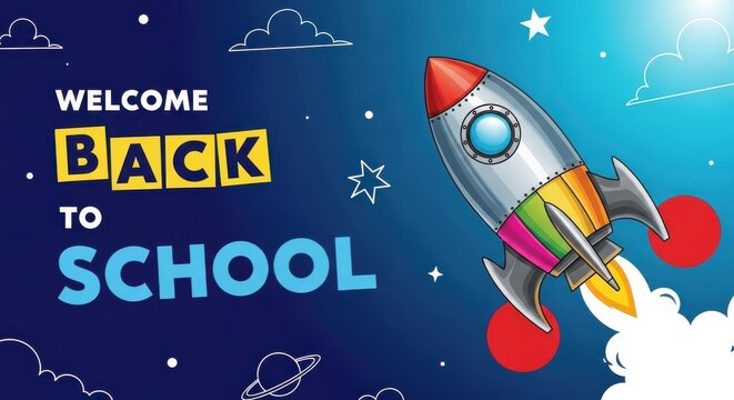 Welcome back to school banner with colorful rocket ship flying in space vector illustration for education, learning and back to school