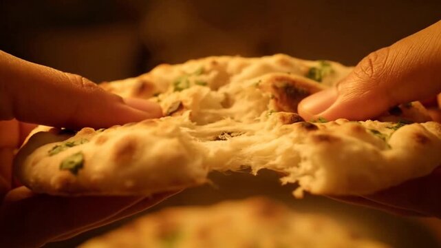 Hands breaking naan bread, showcasing its fluffy texture and herbs.