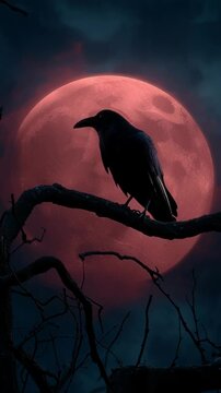 Silhouette of a crow perched on a tree branch against a large red moon at night.