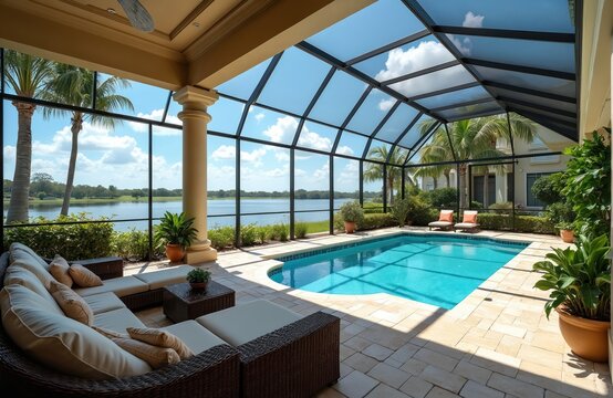 Waterfront luxury home lanai with screened pool patio and outdoor furniture. Palm trees surround the elegant backyard, offering a serene resort-like ambiance for relaxation and entertainment.