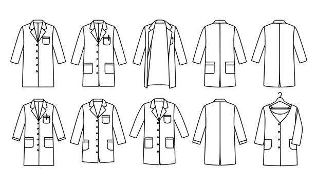 Lab coat line art vector set with multiple styles and angles medical uniform outline collection