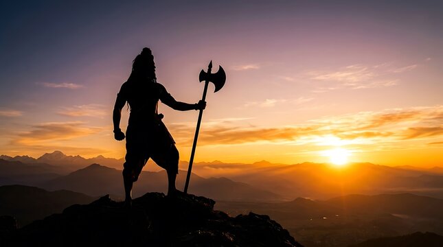 Parshuram Jayanti celebration silhouette at sunset mountain peak