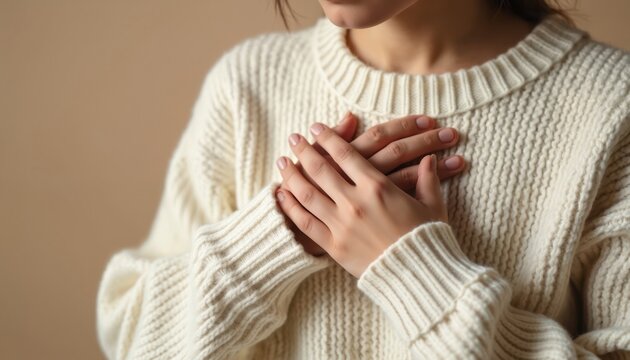 Woman wears cream knit sweater placing hands on chest. Subtle expression conveys warmth affection and tenderness. Close up indoor shot with soft neutral background.