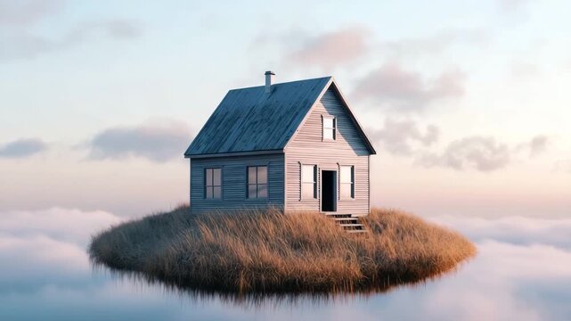 A small house rests on a grassy island above the clouds at sunset. The scene shows the house in the sky with soft light and clouds around it. This unique view creates an interesting atmosphere