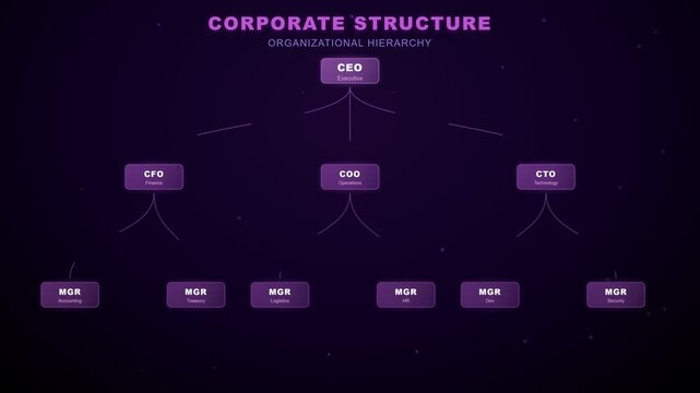 Corporate structure: organizational hierarchy chart morphing animation with purple neon nodes, executive levels and management tree reveal