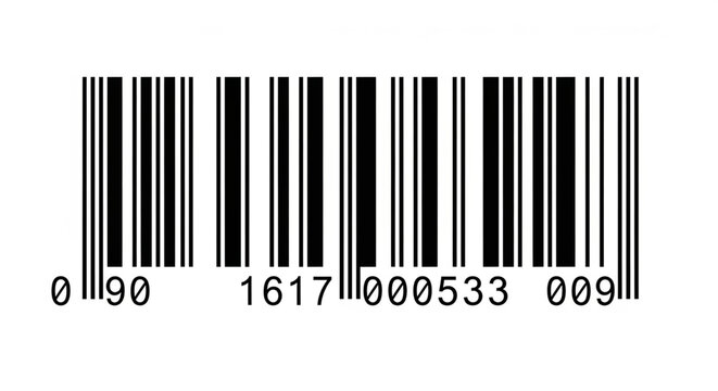 Black and white barcode with numeric sequence and product identification numbers