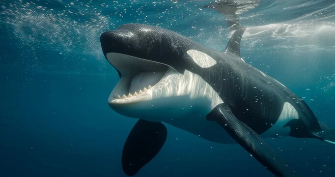 Close-up of an orca whale swimming underwater with open mouth showing teeth.