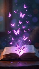 Naklejka premium Open book emits bright light with purple glowing butterflies flying from pages. Soft focus background with bokeh circles. Magical atmosphere of wonder.