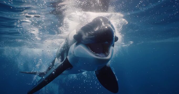 Great white shark swimming underwater with mouth open showing sharp teeth.