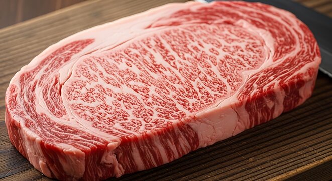 A raw wagyu beef steak with marbling on a wooden cutting board indoors