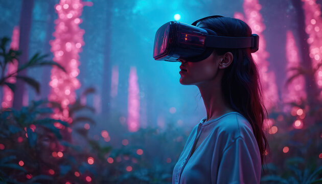 Woman uses VR headset in neon forest. Immersive virtual reality experience. Futuristic digital nature explore. Technology advances perception. Cyberpunk fantasy landscape.