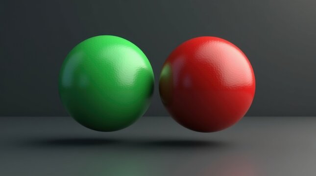 Dos botones, uno verde y otro rojo, flotando en el aire, fondo minimalista, iluminaci&oacute;n de fuerte contraste, concepto de decisi&oacute;n binaria