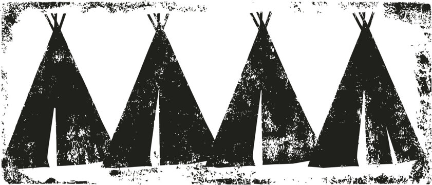 Four stylized tipi teepees in a row with a rustic distressed texture design