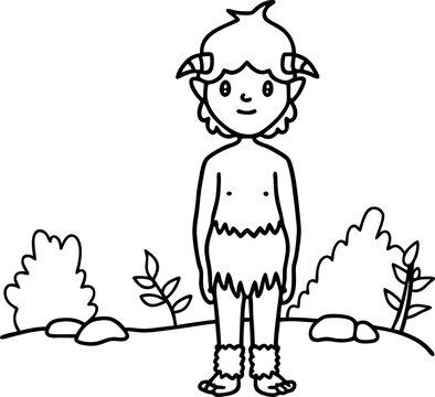 Cute satyr standing in nature with bushes and rocks, mythical forest creature illustration