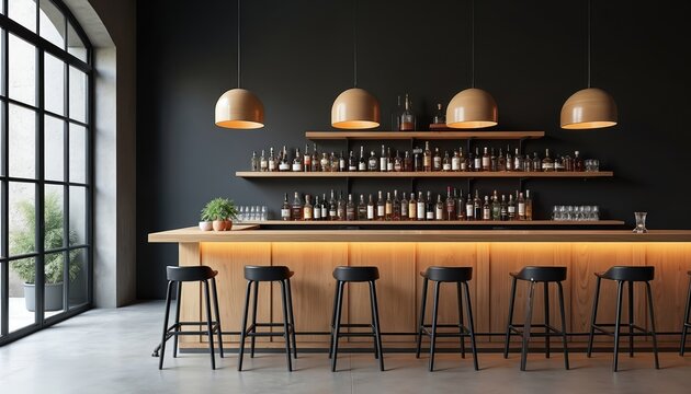 Modern bar with wooden counter stools and bottles on shelves against dark wall. Large windows let in daylight, creating empty, stylish restaurant ambiance, perfect for nightlife.
