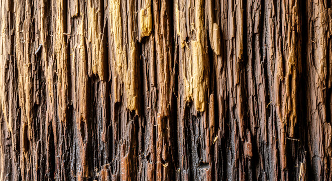 Closeup texture of rough brown and tan wood planks with deep vertical grooves wood texture
