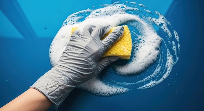 Hand in glove cleaning blue surface with soapy sponge 1.