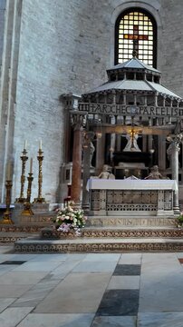 Basilica of San Nicola in Bari, view of the vault and the main altar with the sarcophagus of Queen Bona, Bari, Puglia, Italy