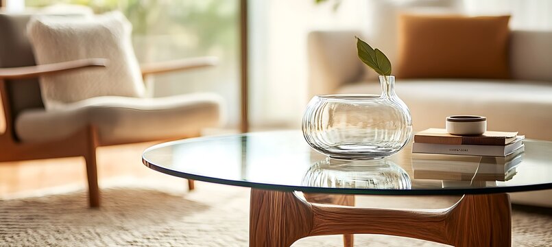 stylish living room interior with glass coffee table and modern furniture