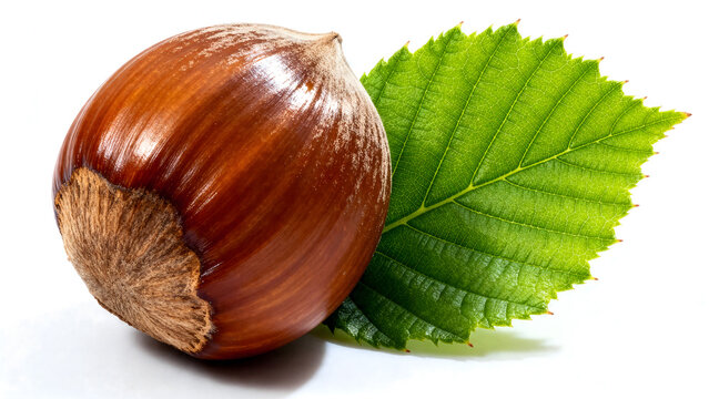 Extreme macro photography of unshelled hazelnut shell texture and green leaf veins isolated on white.