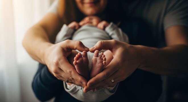 Heartfelt Love Parents Hands Forming Heart Around Newborns Feet.