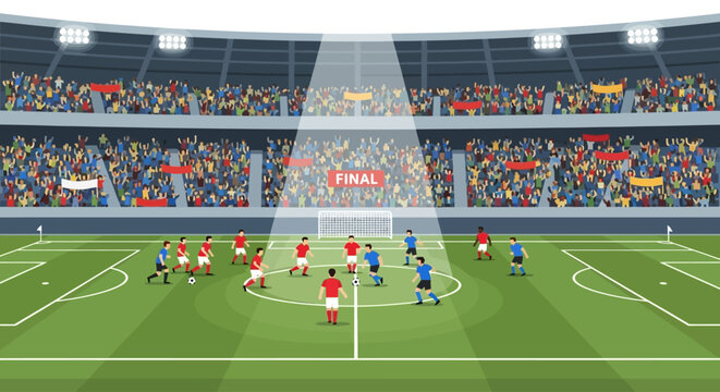 Dynamic football match vector illustration capturing an exciting final game in a packed stadium, with players competing intensely under bright lights and a cheering crowd