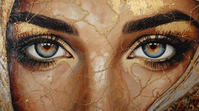 extured acrylic painting of woman eye gold shine